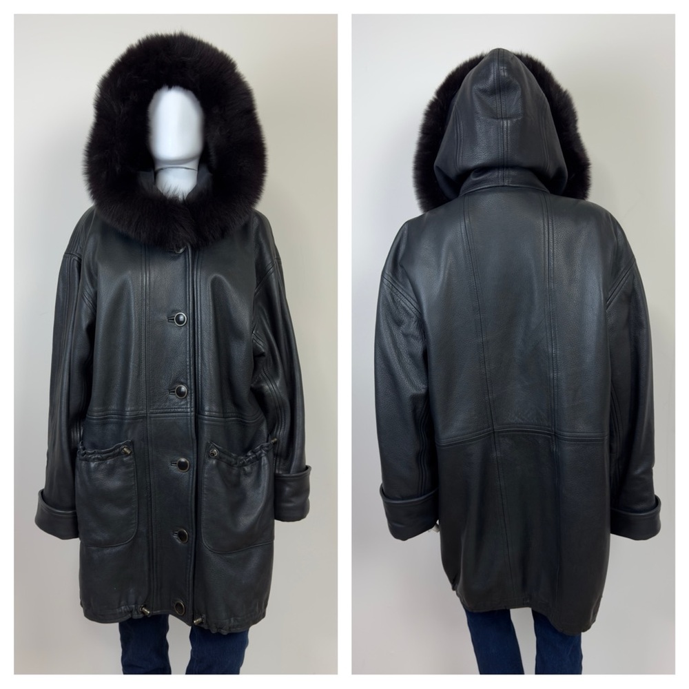 Vintage Black Leather Jacket with Fur Trim